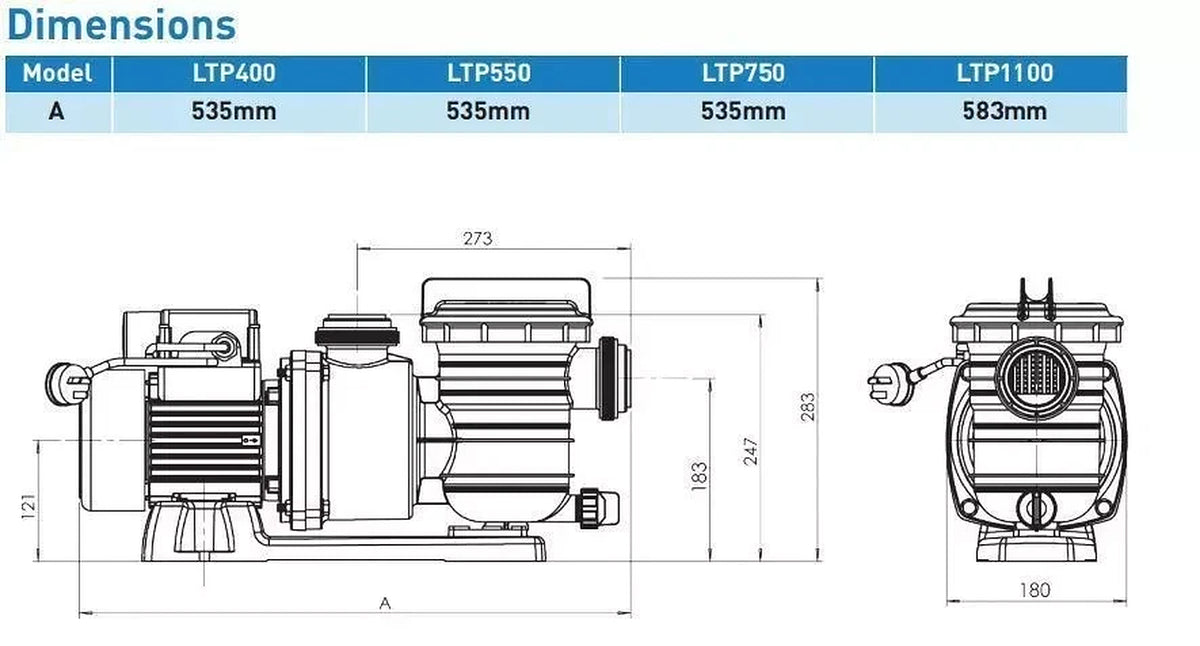 Pentair Onga LTP400, LTP550, LTP750 and LTP1100 pump dimensions diagram